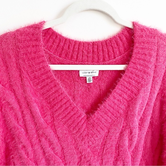 Lucky Brand Plush V-Neck Pullover Hot Pink Fuzzy Cable Knit Oversized Sweater L - Picture 5 of 10